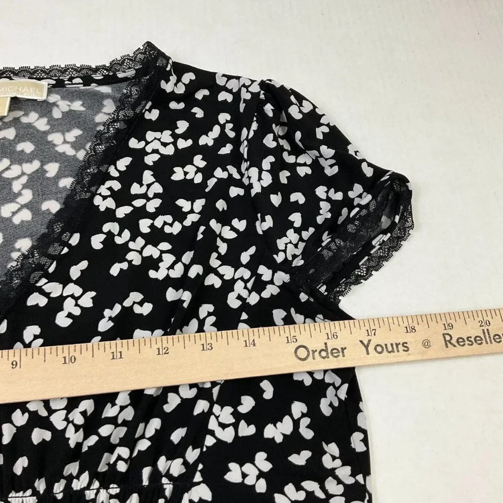 Michael Kors Womens Lace Blouse Black White Stretch Short Sleeve Shirt M Medium
